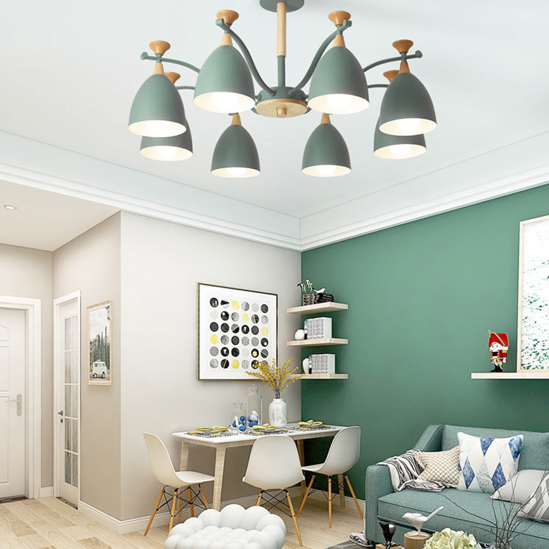 Modern Cone Chandelier Pendant Light - Metal Hanging Ceiling Light for Bedroom (3/6/8 Lights) - Grey/White/Green