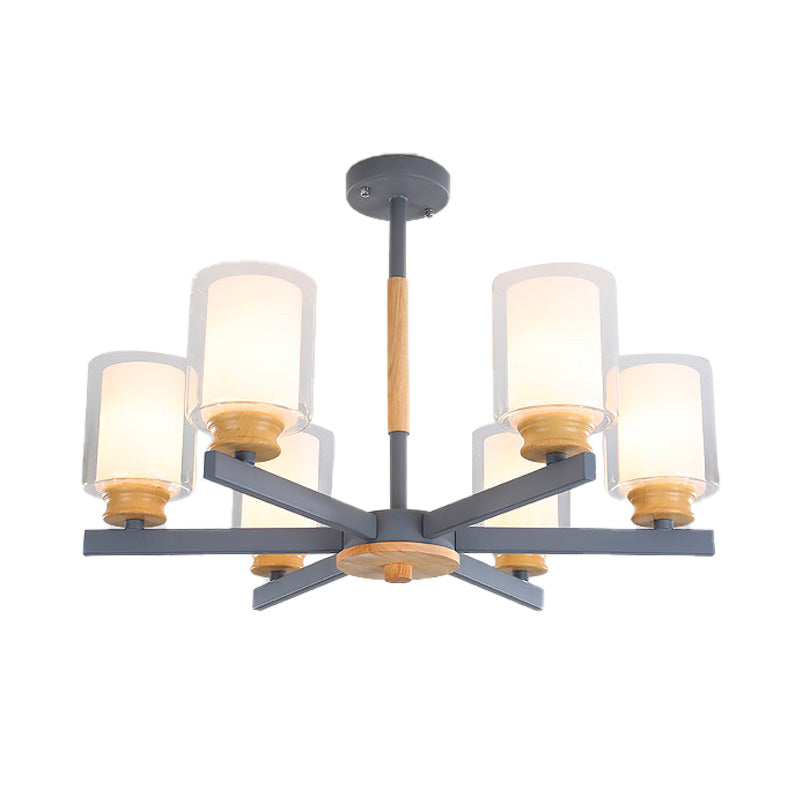 Nordic Opal Glass Cylinder Pendant Chandelier - 3/5/6 Lights Grey/White Hanging Lamp For Living Room