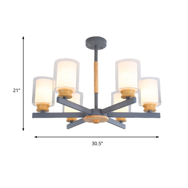 Nordic Opal Glass Cylinder Pendant Chandelier - 3/5/6 Lights Grey/White Hanging Lamp For Living Room