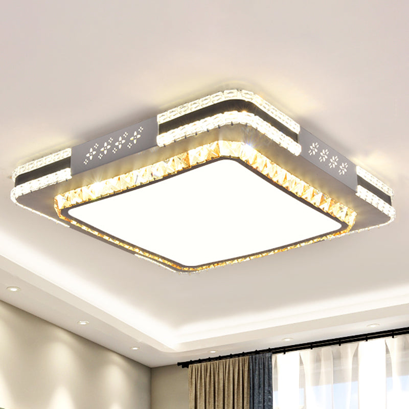 Faceted Crystal LED Flush Mount Ceiling Light in Modern Stainless-Steel Rectangle Design