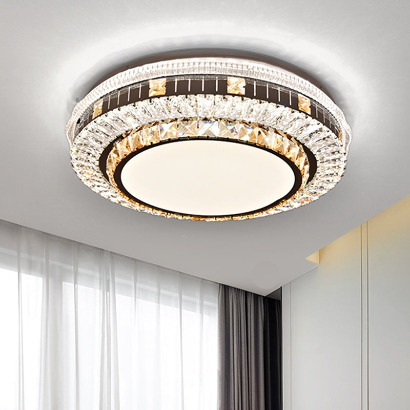 Sleek Stainless-Steel Drum LED Flush Mount Light with Crystal Accent – Perfect for Bedrooms