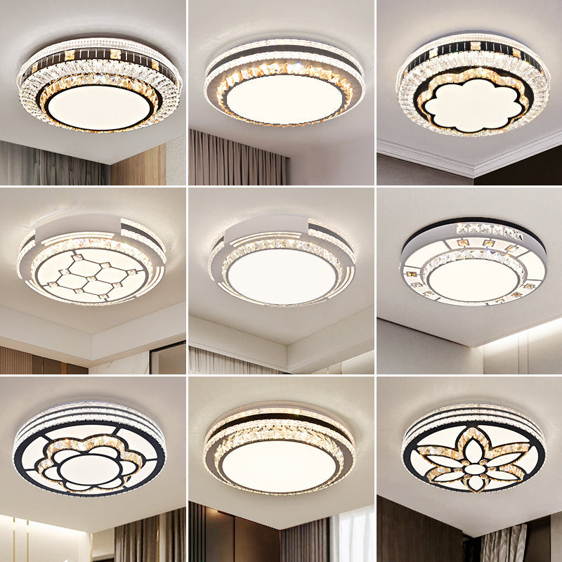 Sleek Stainless-Steel Drum LED Flush Mount Light with Crystal Accent – Perfect for Bedrooms