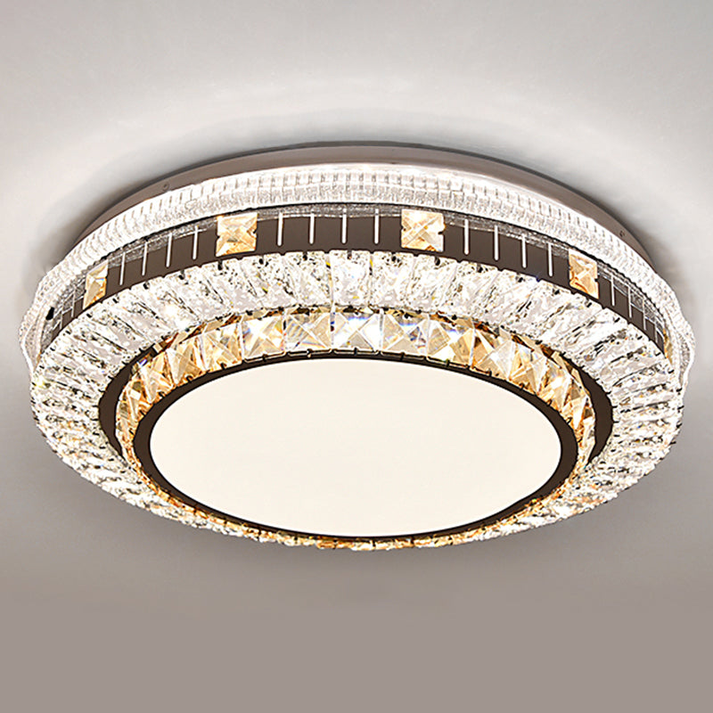 Sleek Stainless-Steel Drum LED Flush Mount Light with Crystal Accent – Perfect for Bedrooms