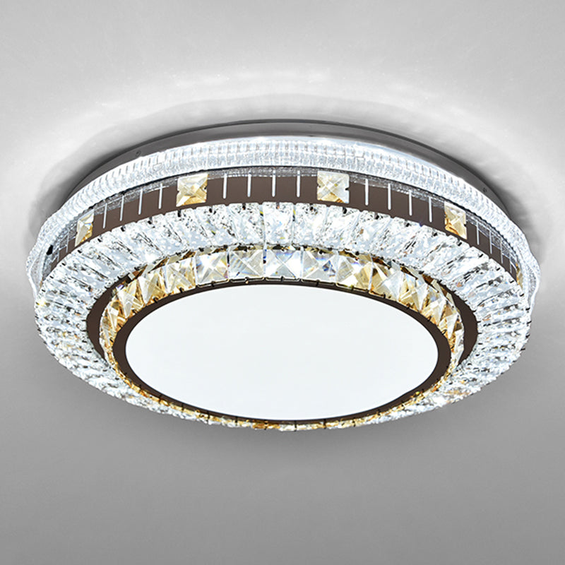 Sleek Stainless-Steel Drum LED Flush Mount Light with Crystal Accent – Perfect for Bedrooms