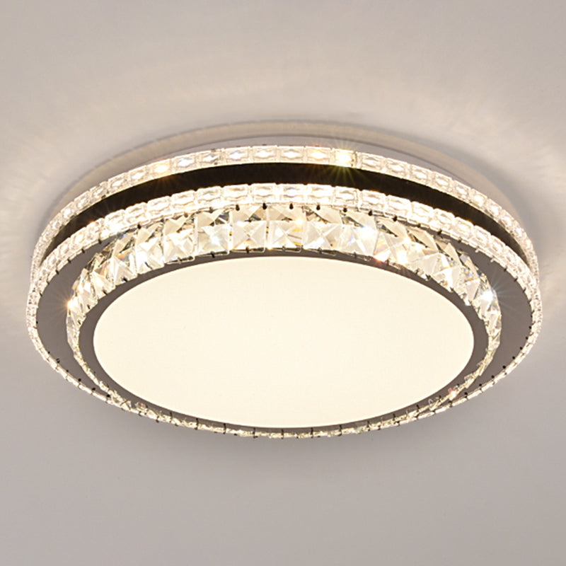 Sleek Stainless-Steel Drum LED Flush Mount Light with Crystal Accent – Perfect for Bedrooms