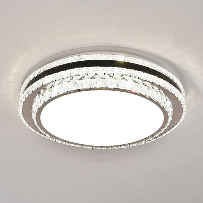 Sleek Stainless-Steel Drum LED Flush Mount Light with Crystal Accent – Perfect for Bedrooms