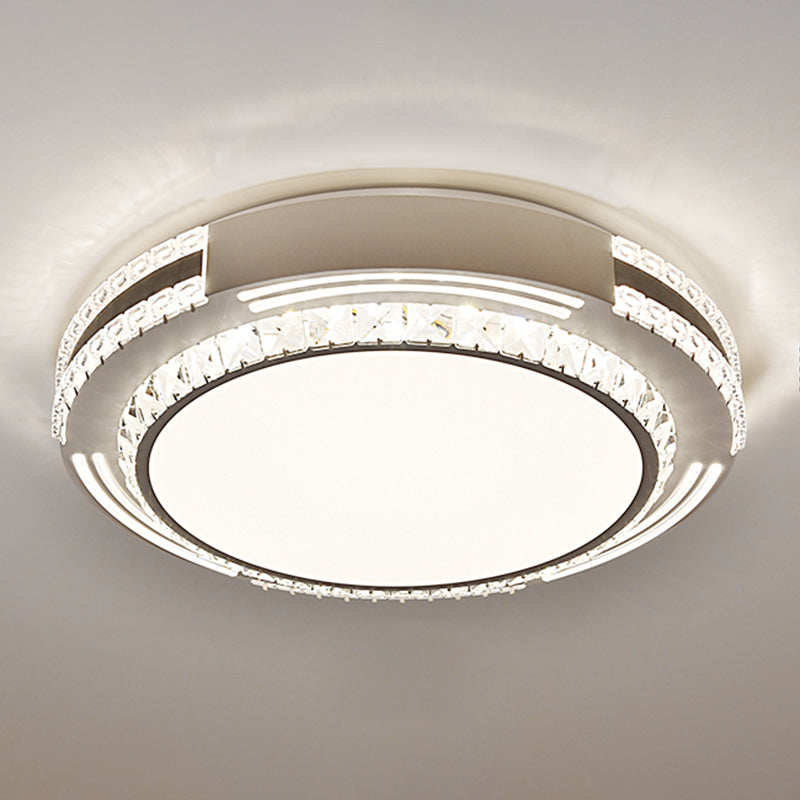 Sleek Stainless-Steel Drum LED Flush Mount Light with Crystal Accent – Perfect for Bedrooms