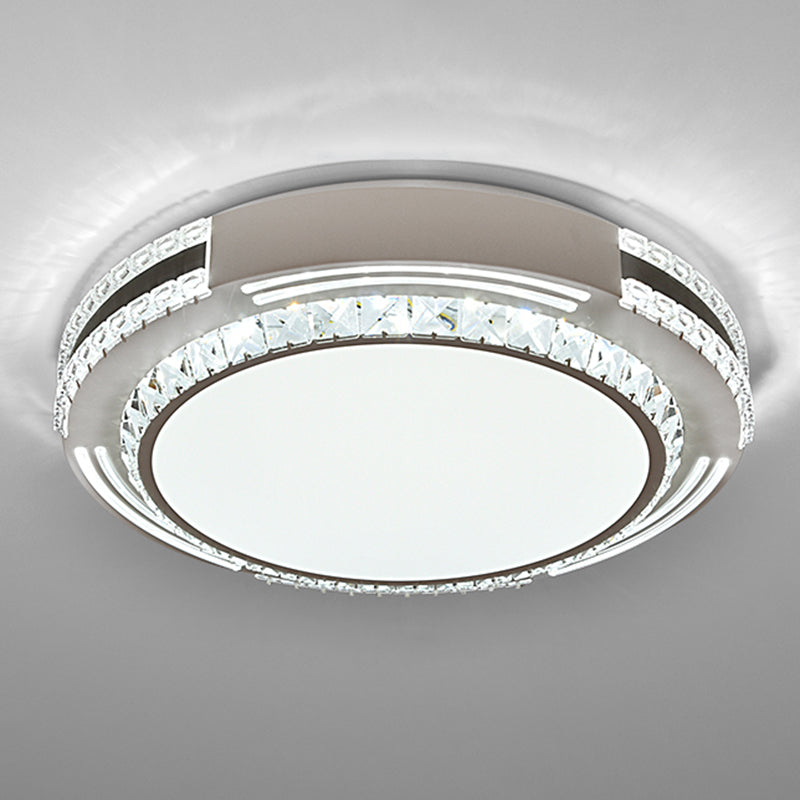 Sleek Stainless-Steel Drum LED Flush Mount Light with Crystal Accent – Perfect for Bedrooms