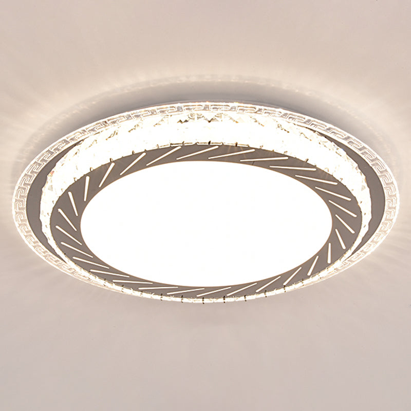 Sleek Stainless-Steel Drum LED Flush Mount Light with Crystal Accent – Perfect for Bedrooms