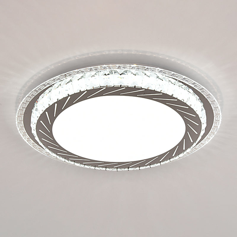 Sleek Stainless-Steel Drum LED Flush Mount Light with Crystal Accent – Perfect for Bedrooms