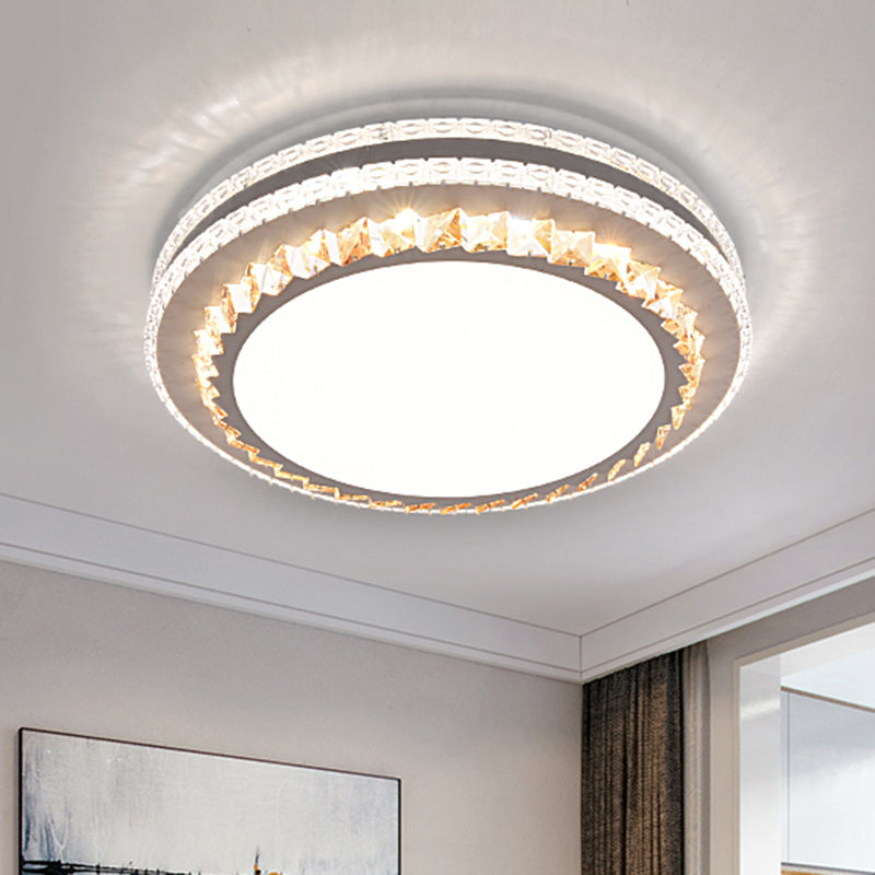 Sleek Stainless-Steel Drum LED Flush Mount Light with Crystal Accent – Perfect for Bedrooms