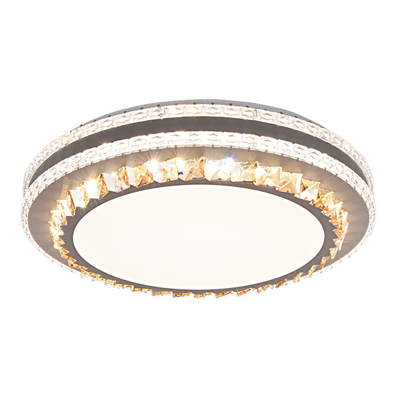 Sleek Stainless-Steel Drum LED Flush Mount Light with Crystal Accent – Perfect for Bedrooms