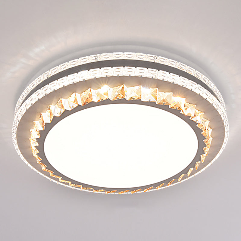 Sleek Stainless-Steel Drum LED Flush Mount Light with Crystal Accent – Perfect for Bedrooms