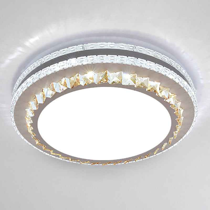 Sleek Stainless-Steel Drum LED Flush Mount Light with Crystal Accent – Perfect for Bedrooms
