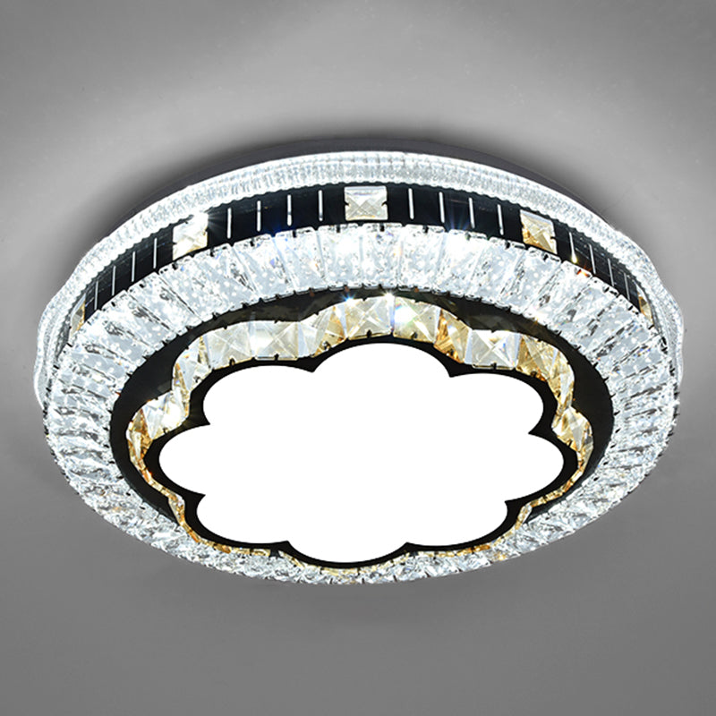Sleek Stainless-Steel Drum LED Flush Mount Light with Crystal Accent – Perfect for Bedrooms