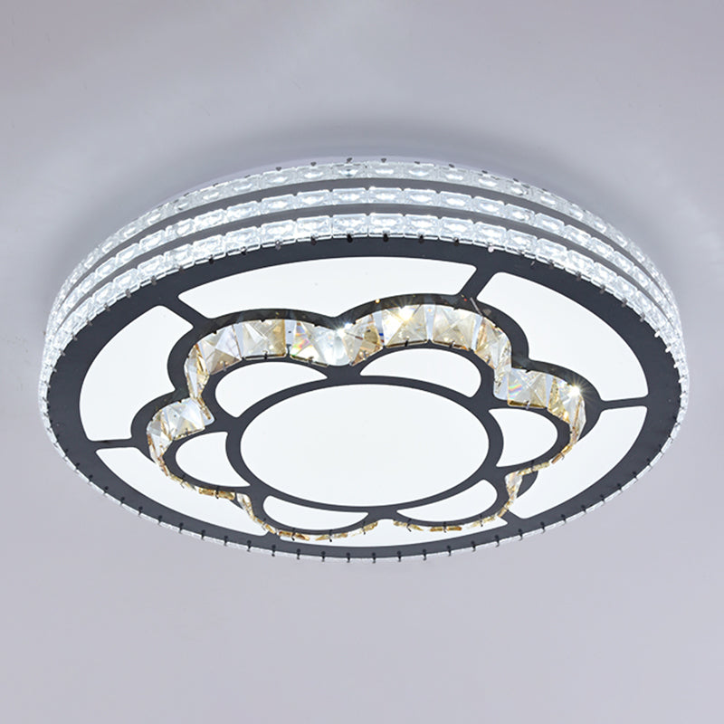Sleek Stainless-Steel Drum LED Flush Mount Light with Crystal Accent – Perfect for Bedrooms