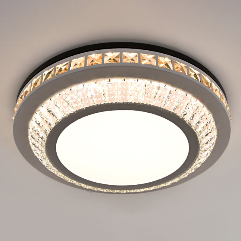 Sleek Stainless-Steel Drum LED Flush Mount Light with Crystal Accent – Perfect for Bedrooms