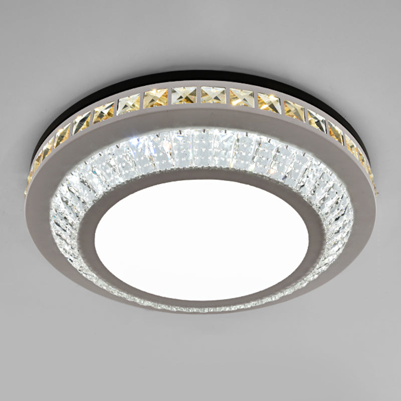 Sleek Stainless-Steel Drum LED Flush Mount Light with Crystal Accent – Perfect for Bedrooms