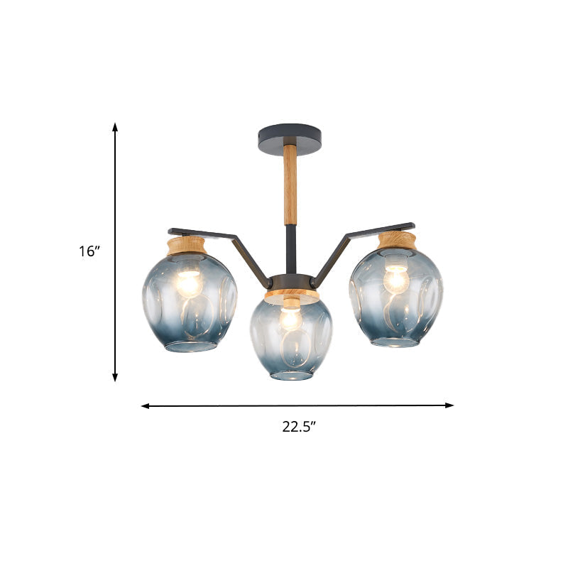 Nordic Globe Chandelier Pendant Light: Dimpled Blown Glass 3/5 Lights Grey/Green Finish