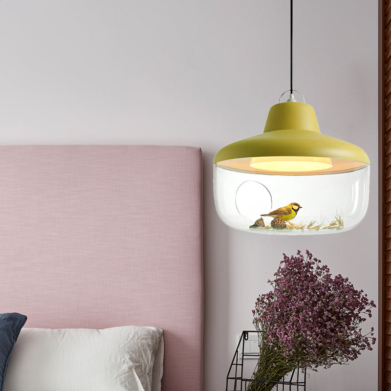 Macaron Style Black/Yellow Hanging Pendant Light for Dining Room with Clear Glass Shade
