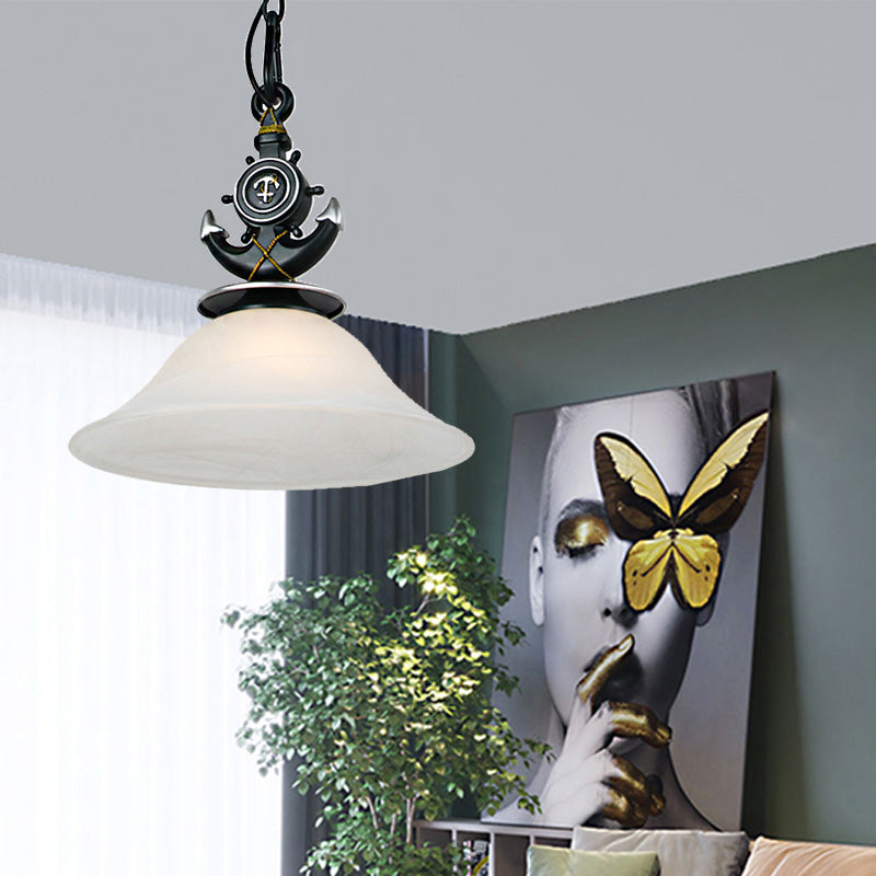 Modernist Style Bell Opal Glass Pendant Light With Anchor Deco - Blue/White Finish