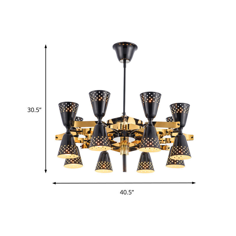 Vintage Hourglass Chandelier Pendant Light - 16-Light Metal Hanging Ceiling Fixture In Black