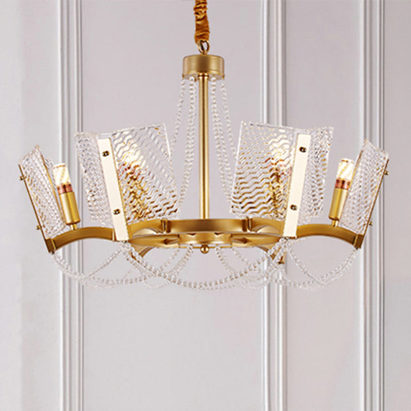 Lustre en cristal Simplicity avec pendentif perlé - Finition laiton, 6/8 têtes - Idéal pour le salon - Abat-jour à panneau inclus