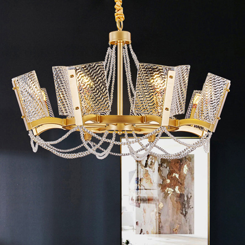 Lustre en cristal Simplicity avec pendentif perlé - Finition laiton, 6/8 têtes - Idéal pour le salon - Abat-jour à panneau inclus