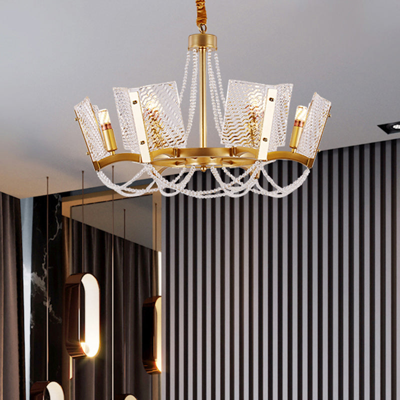 Lustre en cristal Simplicity avec pendentif perlé - Finition laiton, 6/8 têtes - Idéal pour le salon - Abat-jour à panneau inclus