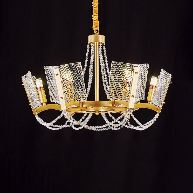 Lustre en cristal Simplicity avec pendentif perlé - Finition laiton, 6/8 têtes - Idéal pour le salon - Abat-jour à panneau inclus