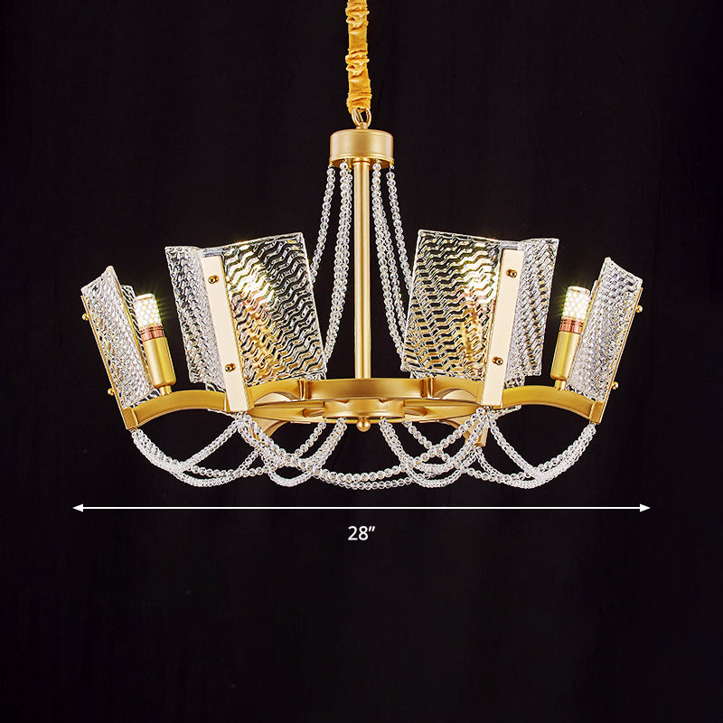 Lustre en cristal Simplicity avec pendentif perlé - Finition laiton, 6/8 têtes - Idéal pour le salon - Abat-jour à panneau inclus