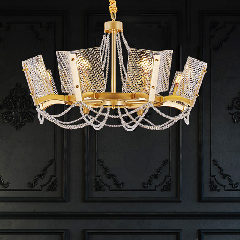 Lustre en cristal Simplicity avec pendentif perlé - Finition laiton, 6/8 têtes - Idéal pour le salon - Abat-jour à panneau inclus