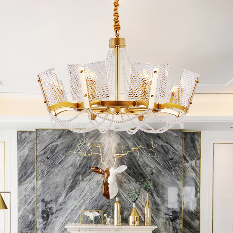 Lustre en cristal Simplicity avec pendentif perlé - Finition laiton, 6/8 têtes - Idéal pour le salon - Abat-jour à panneau inclus