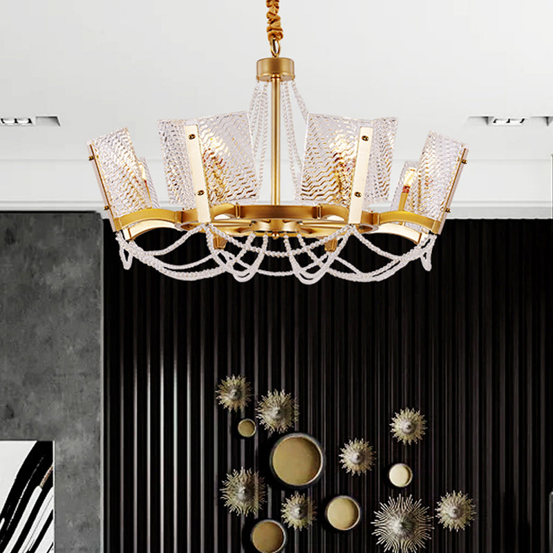 Lustre en cristal Simplicity avec pendentif perlé - Finition laiton, 6/8 têtes - Idéal pour le salon - Abat-jour à panneau inclus