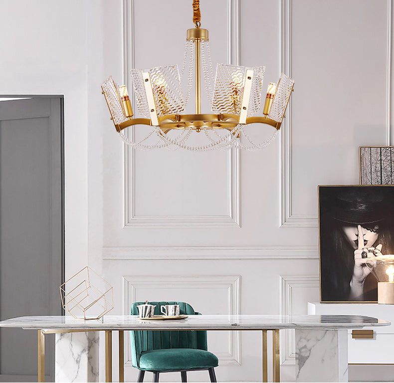Lustre en cristal Simplicity avec pendentif perlé - Finition laiton, 6/8 têtes - Idéal pour le salon - Abat-jour à panneau inclus