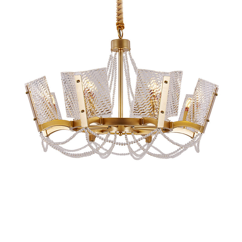 Lustre en cristal Simplicity avec pendentif perlé - Finition laiton, 6/8 têtes - Idéal pour le salon - Abat-jour à panneau inclus