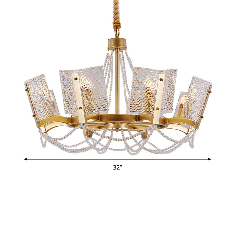 Lustre en cristal Simplicity avec pendentif perlé - Finition laiton, 6/8 têtes - Idéal pour le salon - Abat-jour à panneau inclus
