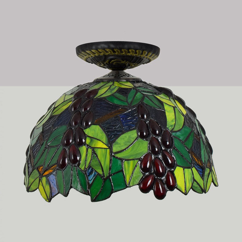 Victorian Domed Flush Ceiling Light - Brass with Grape Pattern - 12"/16.5" Width - Stained Glass - 1-Light Fixture