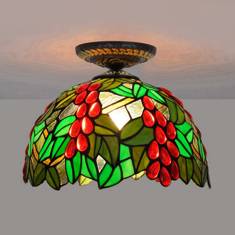 Victorian Domed Flush Ceiling Light - Brass with Grape Pattern - 12"/16.5" Width - Stained Glass - 1-Light Fixture