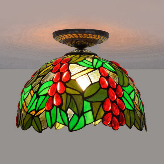 Victorian Domed Flush Ceiling Light - Brass with Grape Pattern - 12"/16.5" Width - Stained Glass - 1-Light Fixture