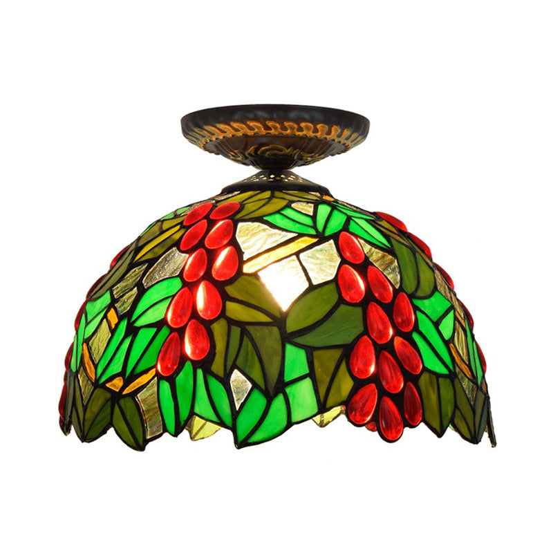Victorian Domed Flush Ceiling Light - Brass with Grape Pattern - 12"/16.5" Width - Stained Glass - 1-Light Fixture