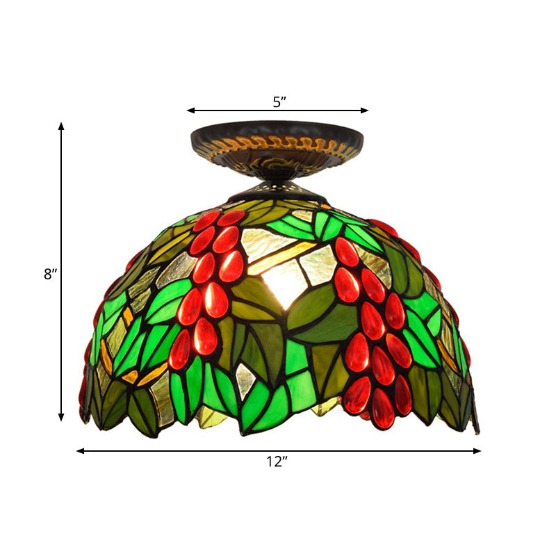 Victorian Domed Flush Ceiling Light - Brass with Grape Pattern - 12"/16.5" Width - Stained Glass - 1-Light Fixture