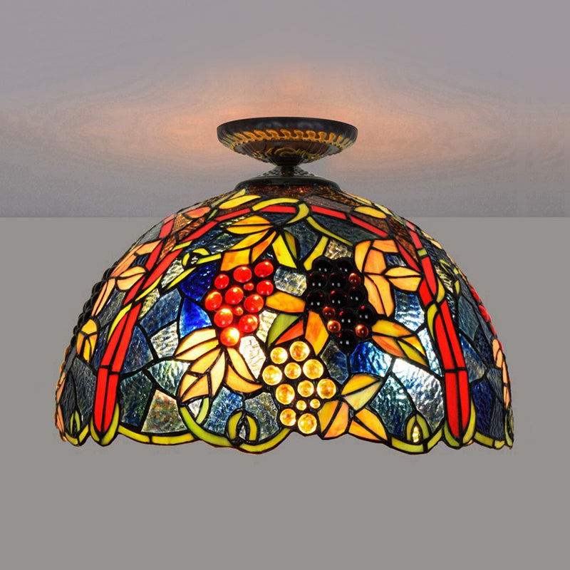 Victorian Domed Flush Ceiling Light - Brass with Grape Pattern - 12"/16.5" Width - Stained Glass - 1-Light Fixture