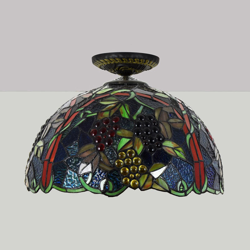 Victorian Domed Flush Ceiling Light - Brass with Grape Pattern - 12"/16.5" Width - Stained Glass - 1-Light Fixture
