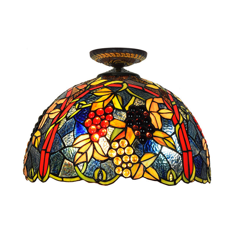 Victorian Domed Flush Ceiling Light - Brass with Grape Pattern - 12"/16.5" Width - Stained Glass - 1-Light Fixture