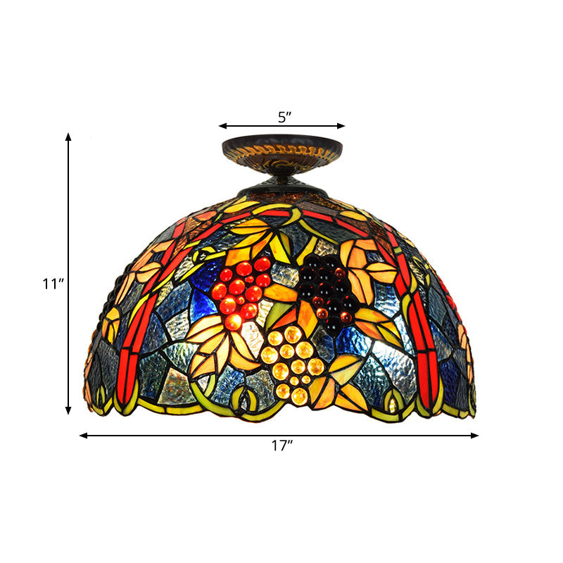 Victorian Domed Flush Ceiling Light - Brass with Grape Pattern - 12"/16.5" Width - Stained Glass - 1-Light Fixture