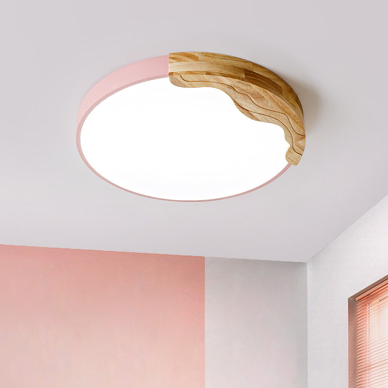 Modern Macaron Style Acrylic LED Ceiling Light with Wooden Deco - Pink Circular Flush Mount Lamp, 16"/19.5" Wide