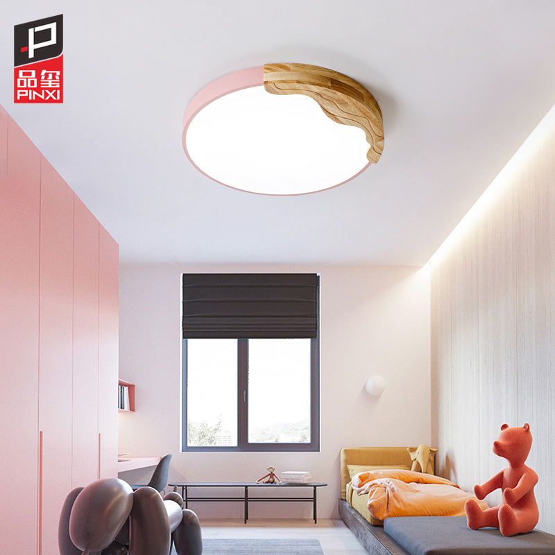 Modern Macaron Style Acrylic LED Ceiling Light with Wooden Deco - Pink Circular Flush Mount Lamp, 16"/19.5" Wide