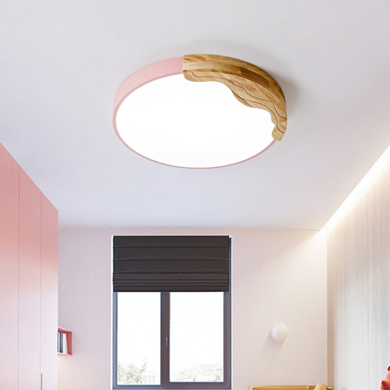 Modern Macaron Style Acrylic LED Ceiling Light with Wooden Deco - Pink Circular Flush Mount Lamp, 16"/19.5" Wide