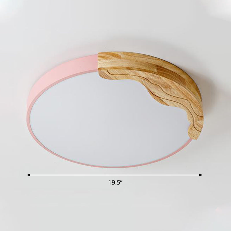 Modern Macaron Style Acrylic LED Ceiling Light with Wooden Deco - Pink Circular Flush Mount Lamp, 16"/19.5" Wide